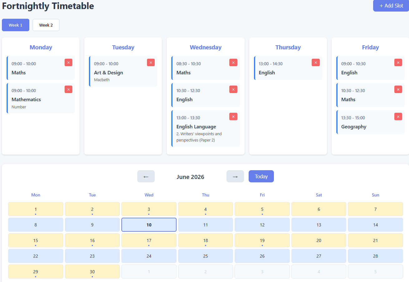 Smart timetable management screenshot showing a colour-coded weekly schedule
